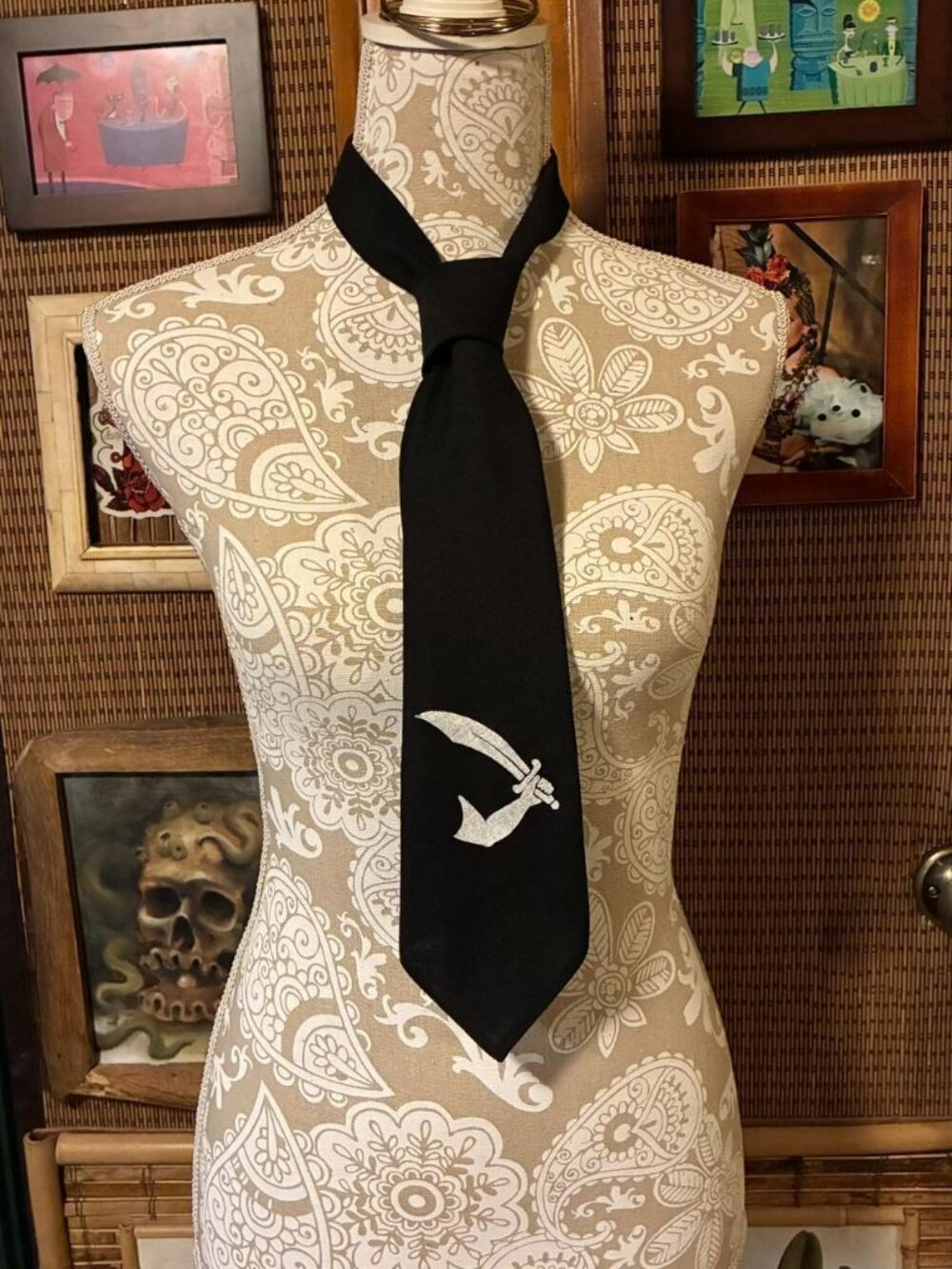 Hand printed jolly roger tie